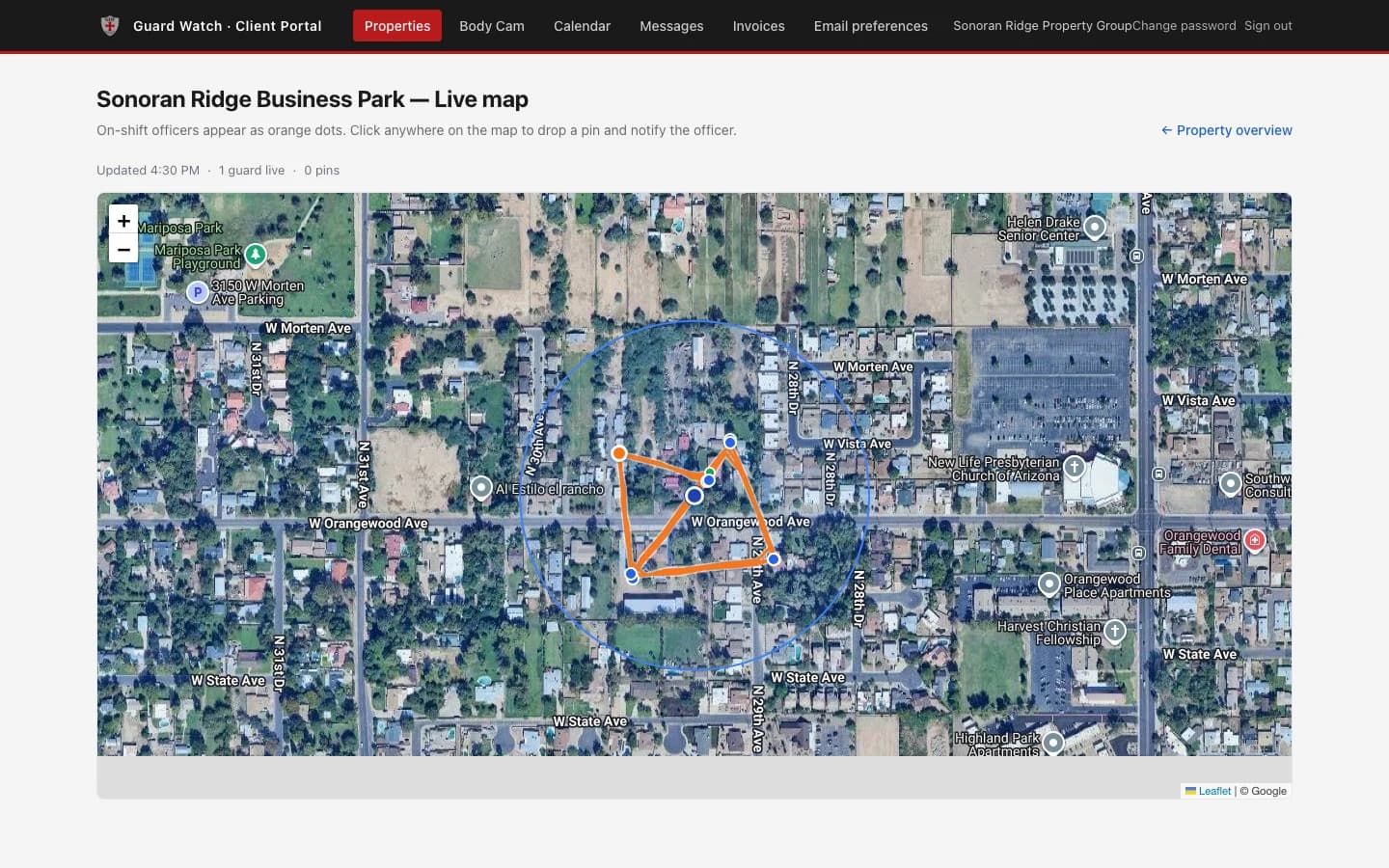 Client portal live map for a single property showing the officer's position, the patrol track, and the property geofence