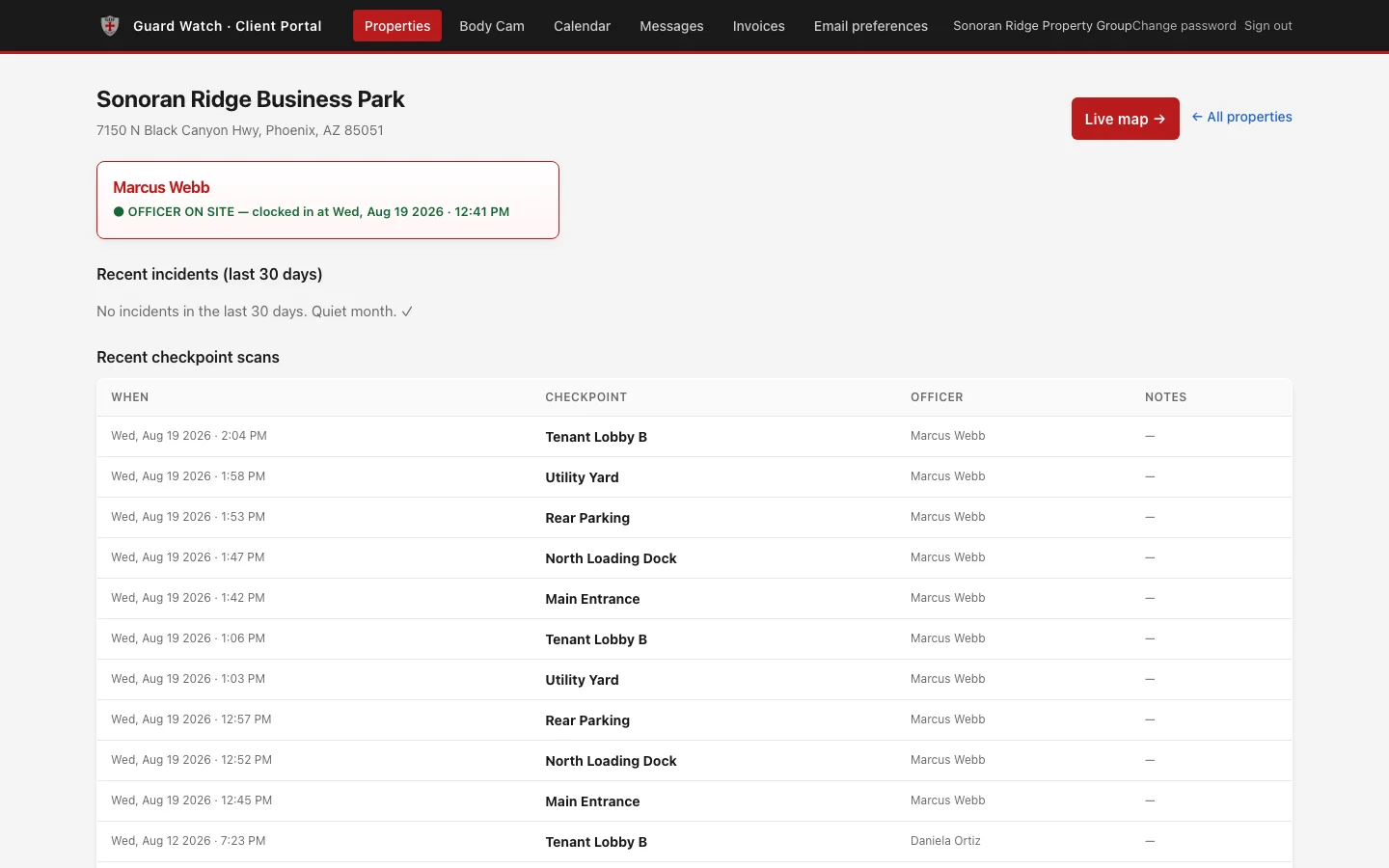 Client portal property page showing the officer currently on site, recent incidents, and a log of recent checkpoint scans