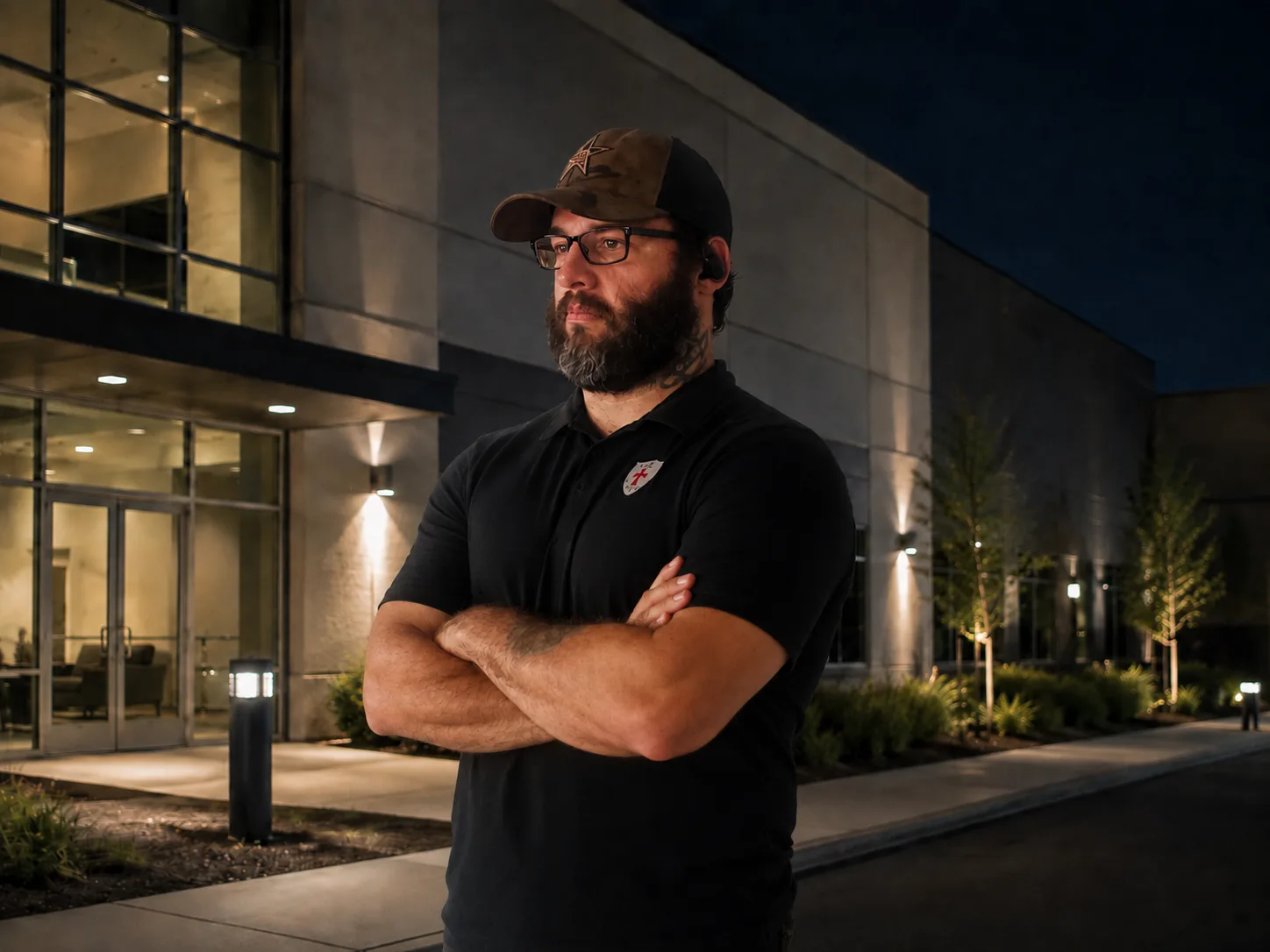 GDF Security officer in uniform on post outside a commercial property at night